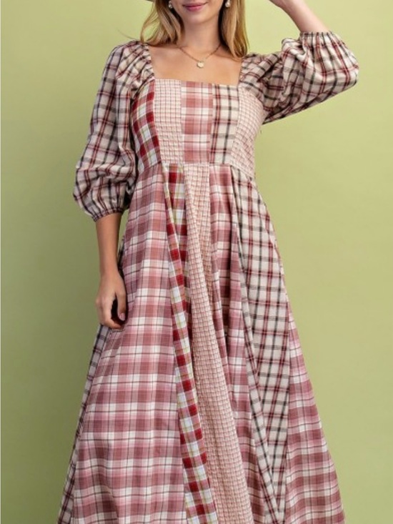 Gigio Dresses & Skirts - Red Plaid Maxi Dress with Square Neck and Puff Sleeves